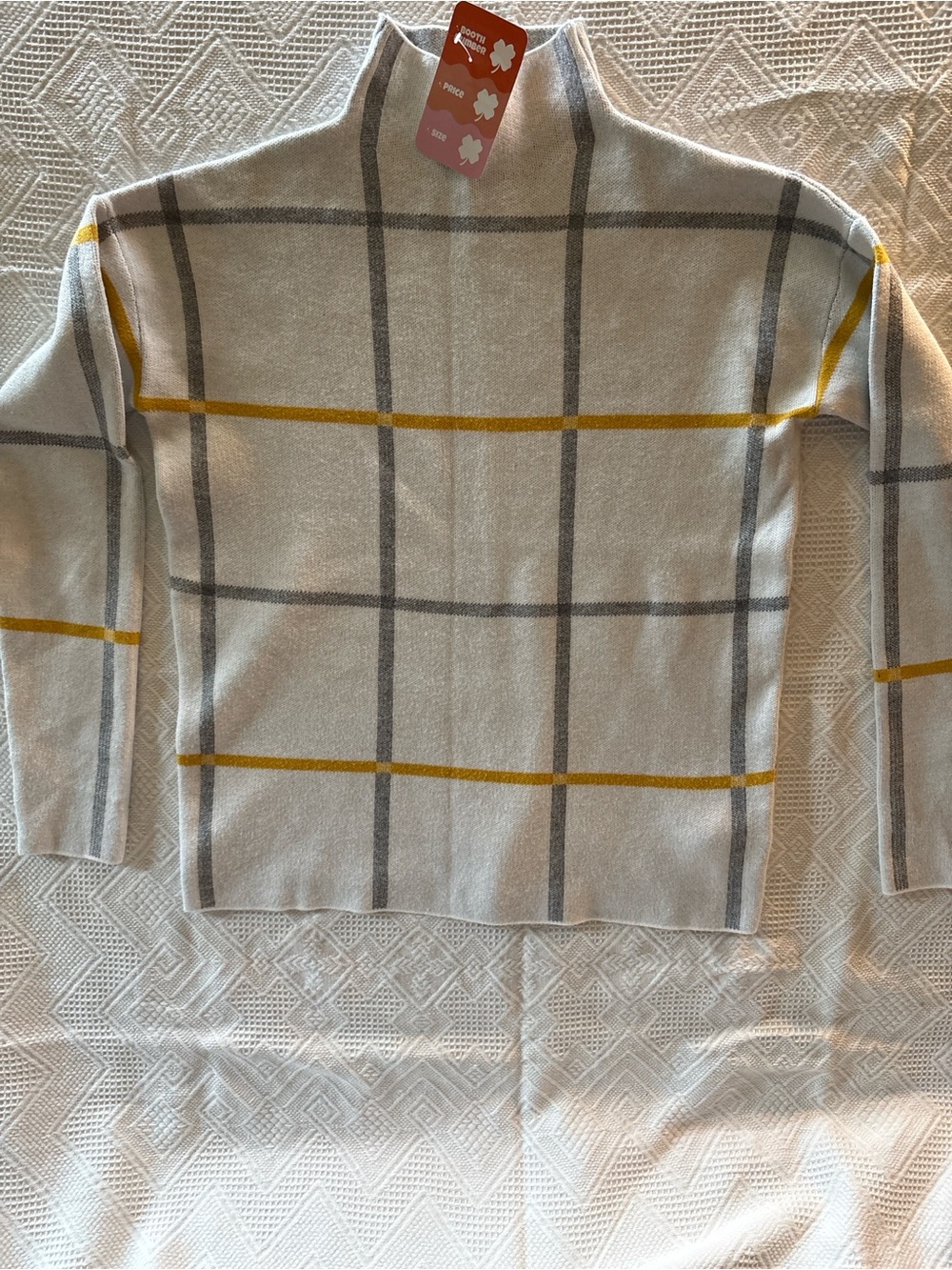Tahari Light Gray Plaid Turtleneck Sweater with Mustard Stripes